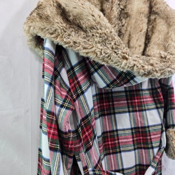 Pottery Barn Robe Women Plaid Faux Fur Hooded Flannel Holiday Christmas Stewart - Picture 9 of 14